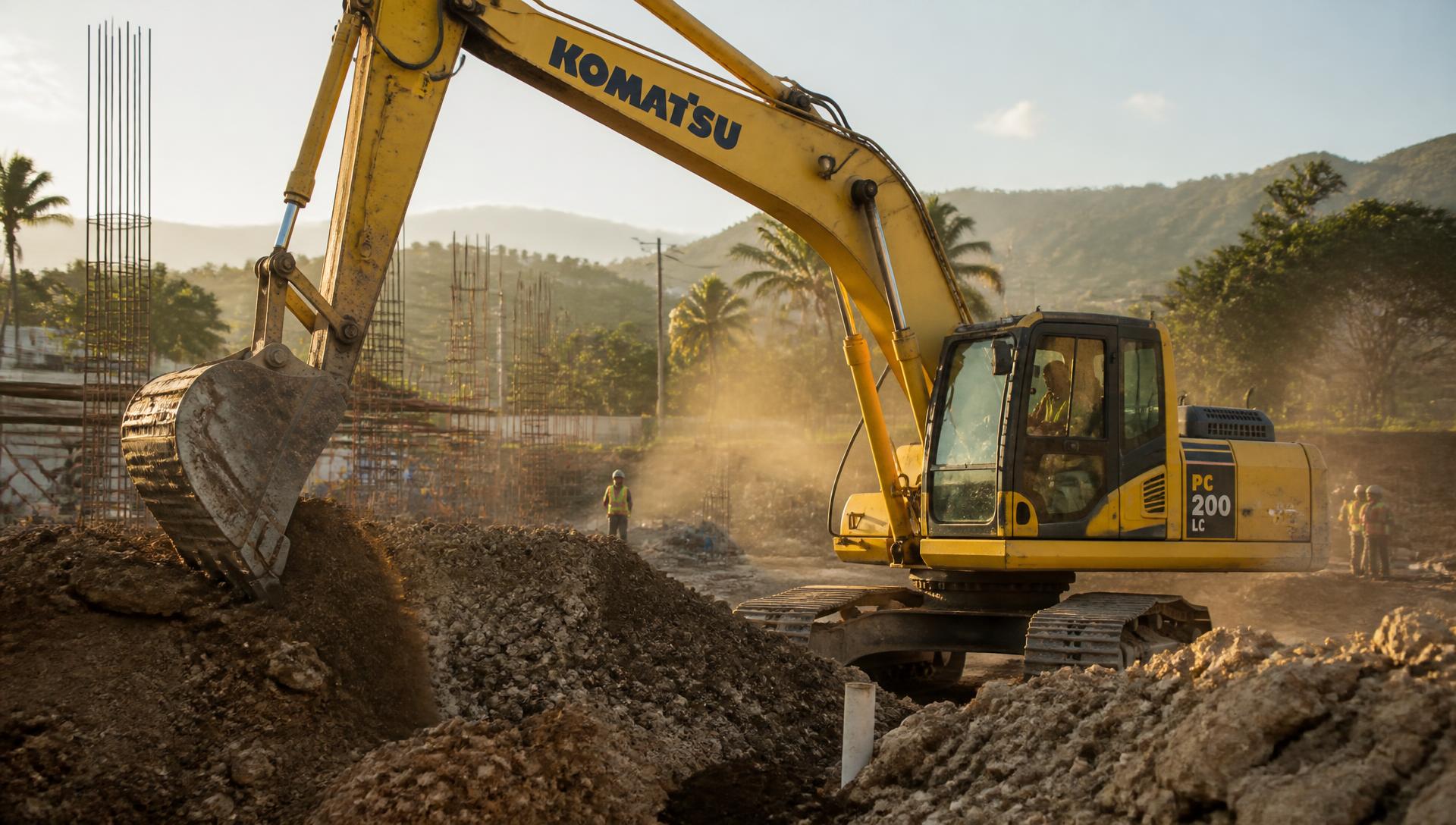 Excavator digging on an active construction site in Jamaica